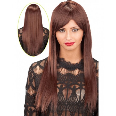 Περούκα Μακριά Καστανή Με Φράντζα Deluxe