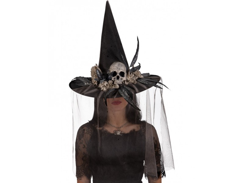 Καπέλο Μάγισσας Μαύρο Με Νεκροκεφαλή Και Πέπλο
