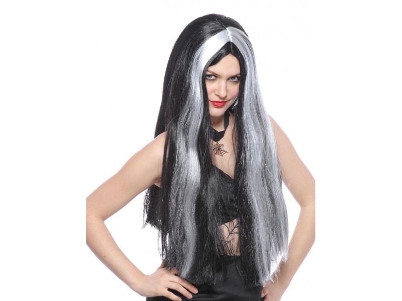 Περούκα Μακριά Μάγισσας Μαύρη Με Άσπρες Ανταύγειες